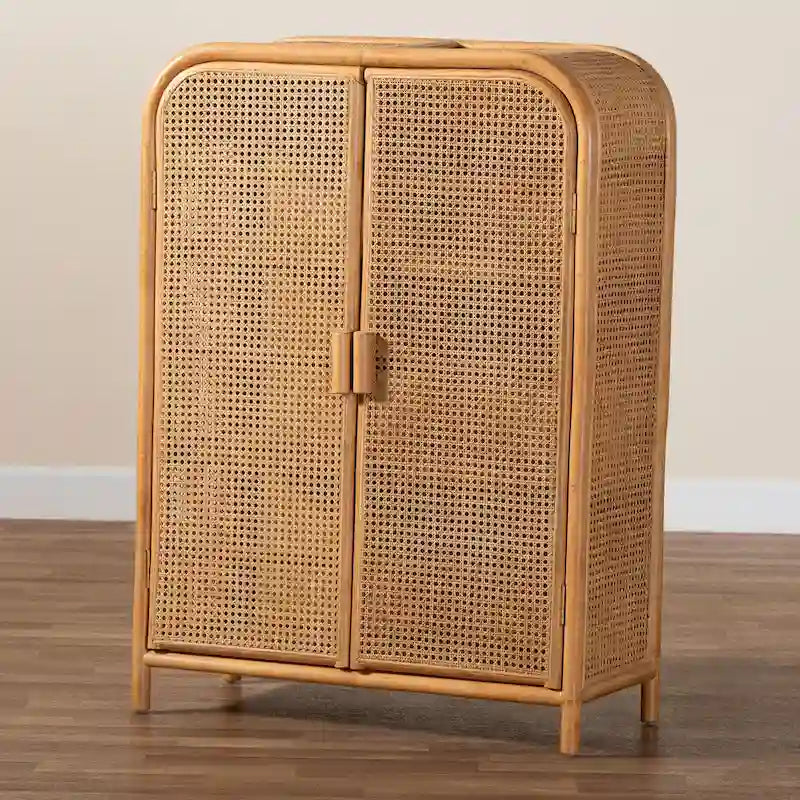 Armoire de rangement à 2 portes en rotin clair style bohème