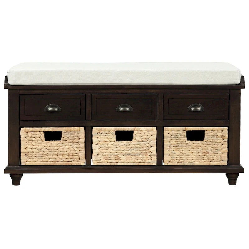 Banc de rangement en bois couleur espresso avec coussin