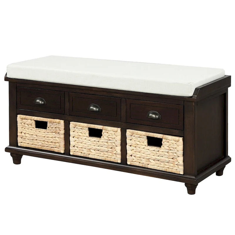 Banc de rangement en bois couleur espresso avec coussin