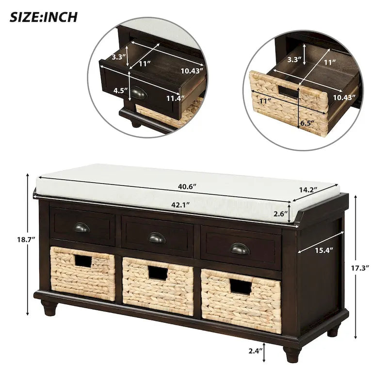 Banc de rangement en bois couleur espresso avec coussin