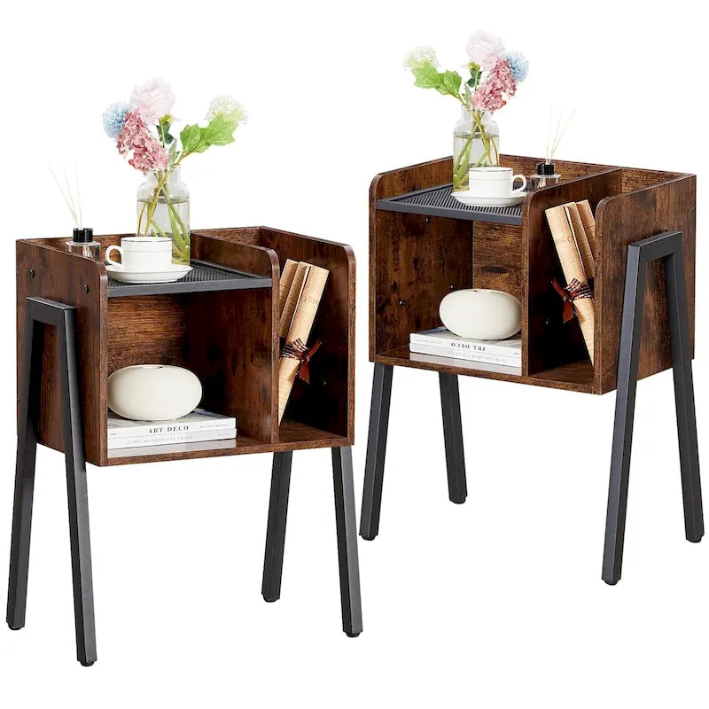 de 2 tables de chevet industrielles avec étagères de rangement, marron