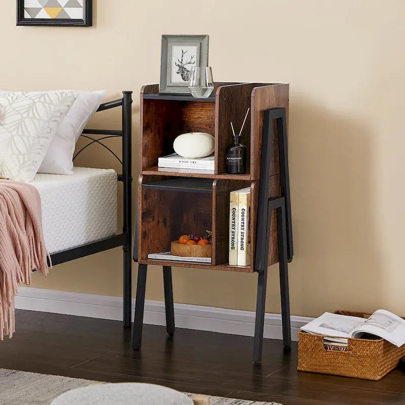 VECELO Set of 2 Industrial Nightstands with Storage Shelves,Brown