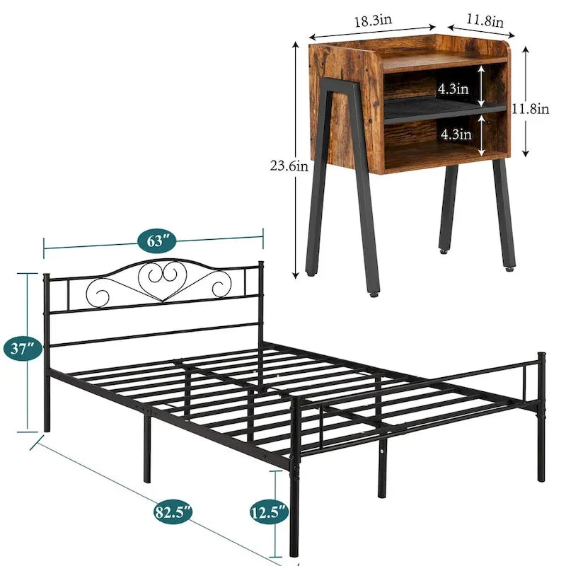 3-Pieces Bedroom  with Black Platform Bed Frame and Nightstands  of 2