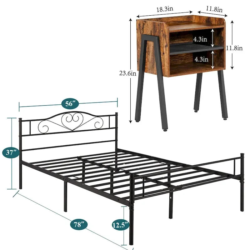 3-Pieces Bedroom  with Black Platform Bed Frame and Nightstands  of 2