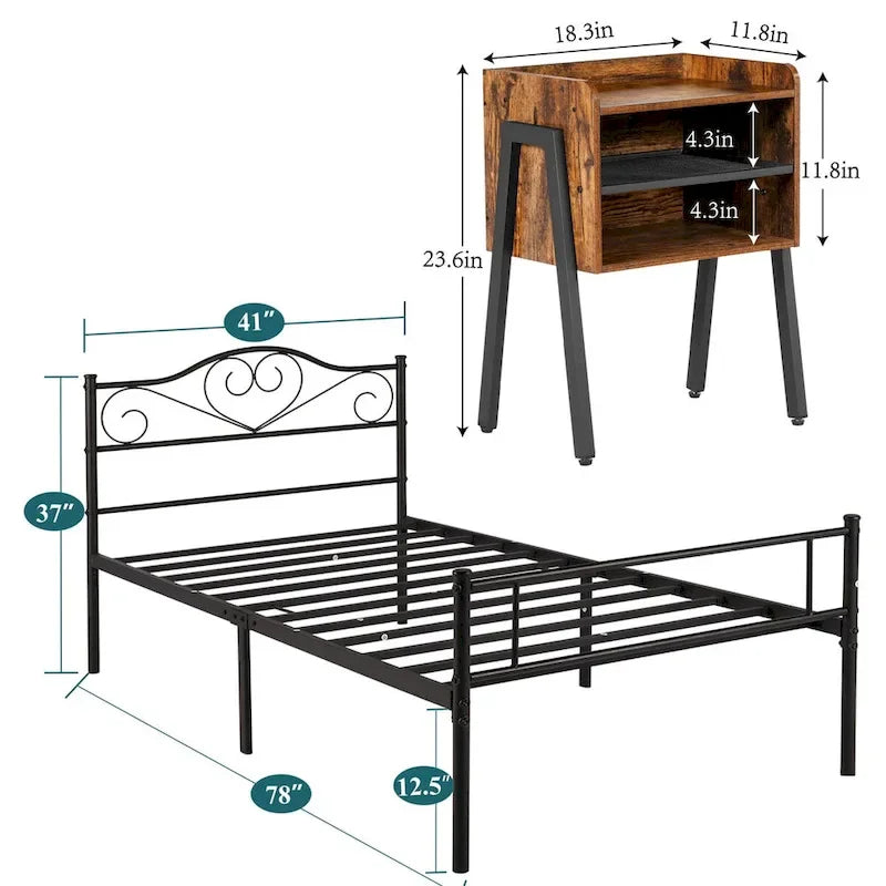 3-Pieces Bedroom  with Black Platform Bed Frame and Nightstands  of 2