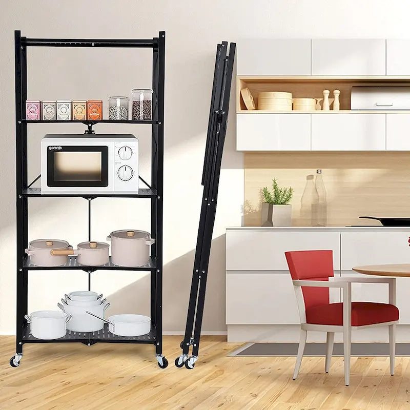 Étagère de rangement pliable en acier à 5 niveaux avec roulettes, noire