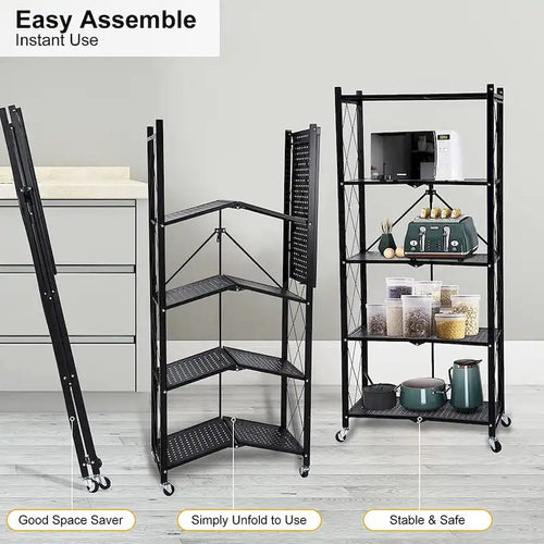 Étagère de rangement pliable en acier à 5 niveaux avec roulettes, noire