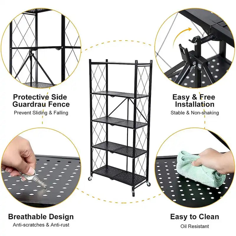 Étagère de rangement pliable en acier à 5 niveaux avec roulettes, noire