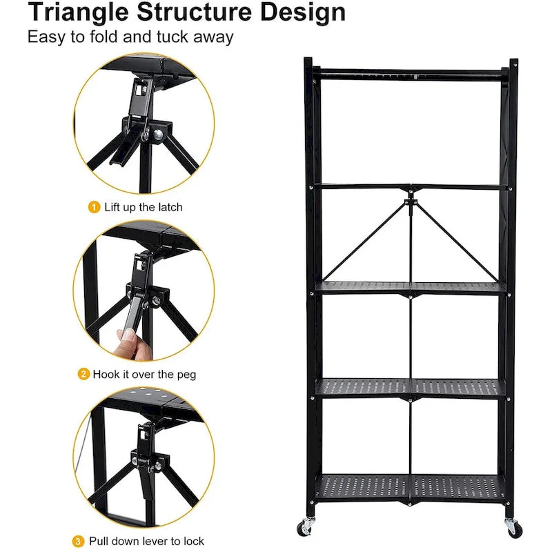 Étagère de rangement pliable en acier à 5 niveaux avec roulettes, noire