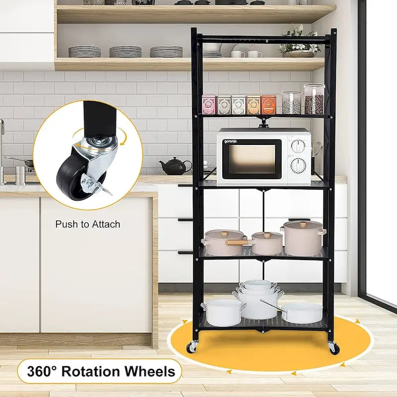 Étagère de rangement pliable en acier à 5 niveaux avec roulettes, noire