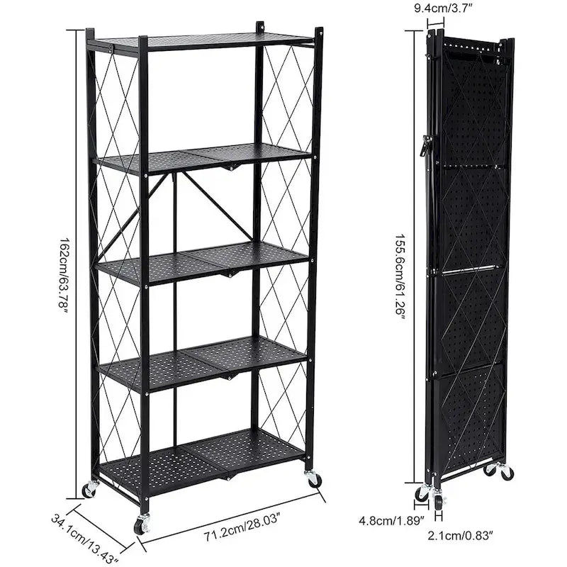 Étagère de rangement pliable en acier à 5 niveaux avec roulettes, noire