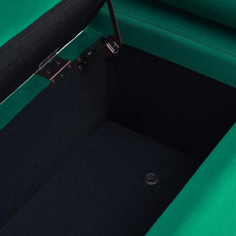 Banc de rangement rembourré avec accoudoirs enroulés et pieds dorés