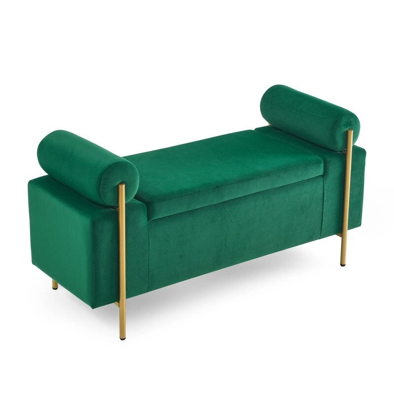 Banc de rangement rembourré avec accoudoirs enroulés et pieds dorés