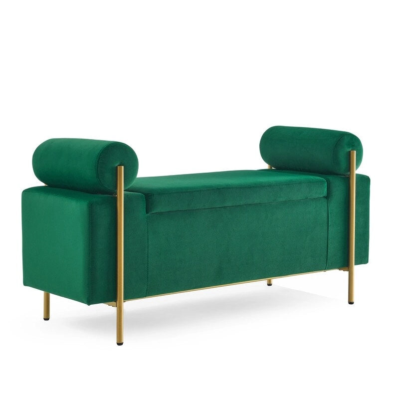 Banc de rangement rembourré avec accoudoirs enroulés et pieds dorés