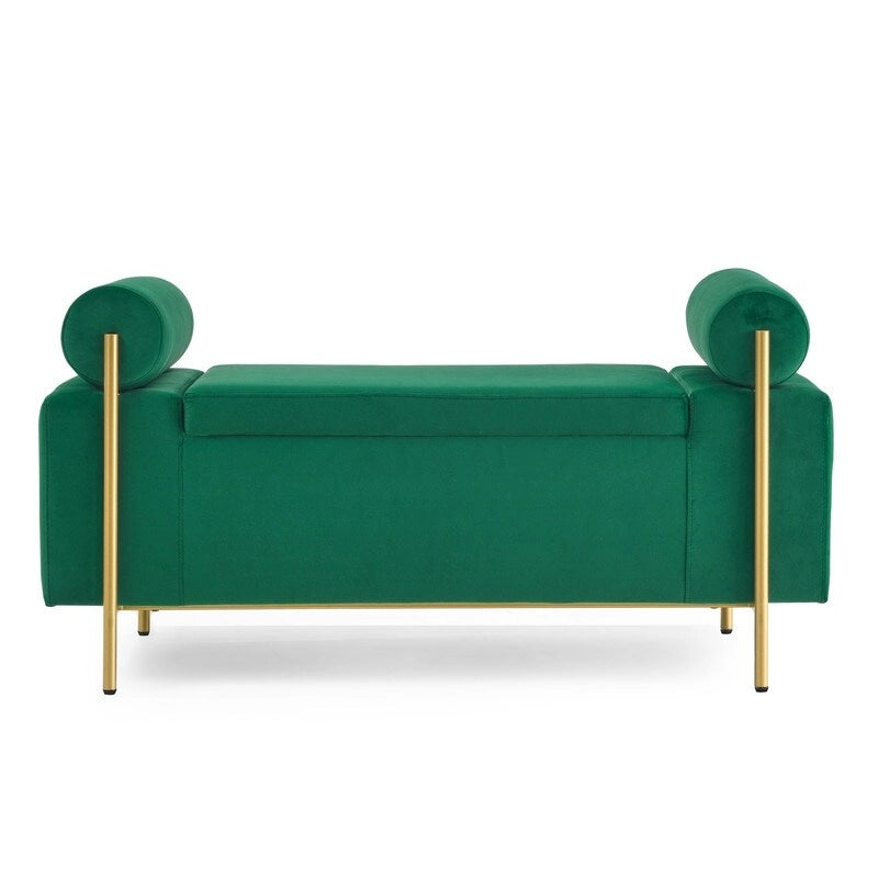 Banc de rangement rembourré avec accoudoirs enroulés et pieds dorés