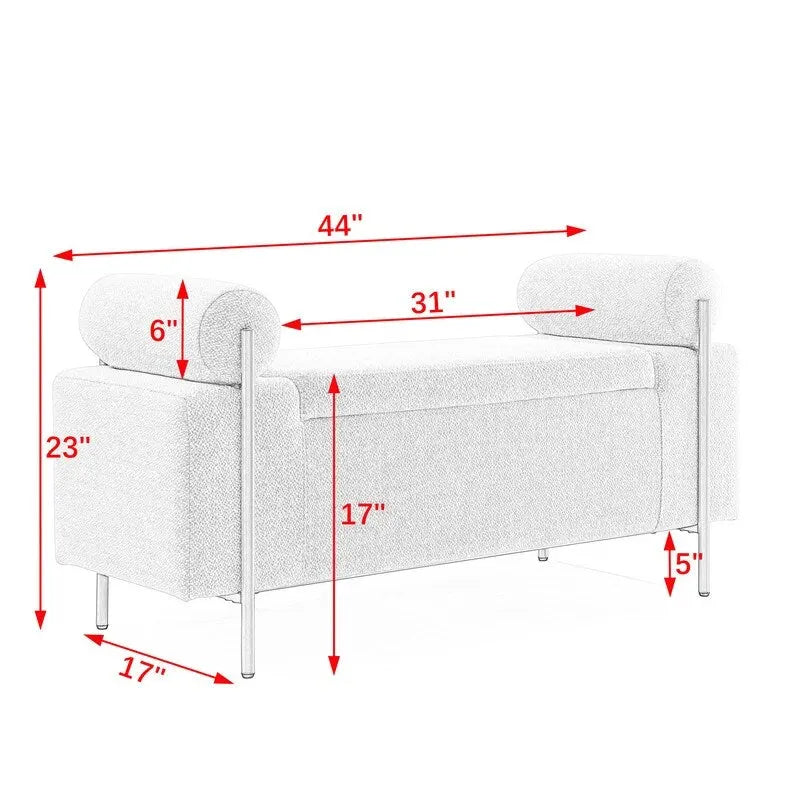 Banc de rangement rembourré avec accoudoirs enroulés et pieds dorés