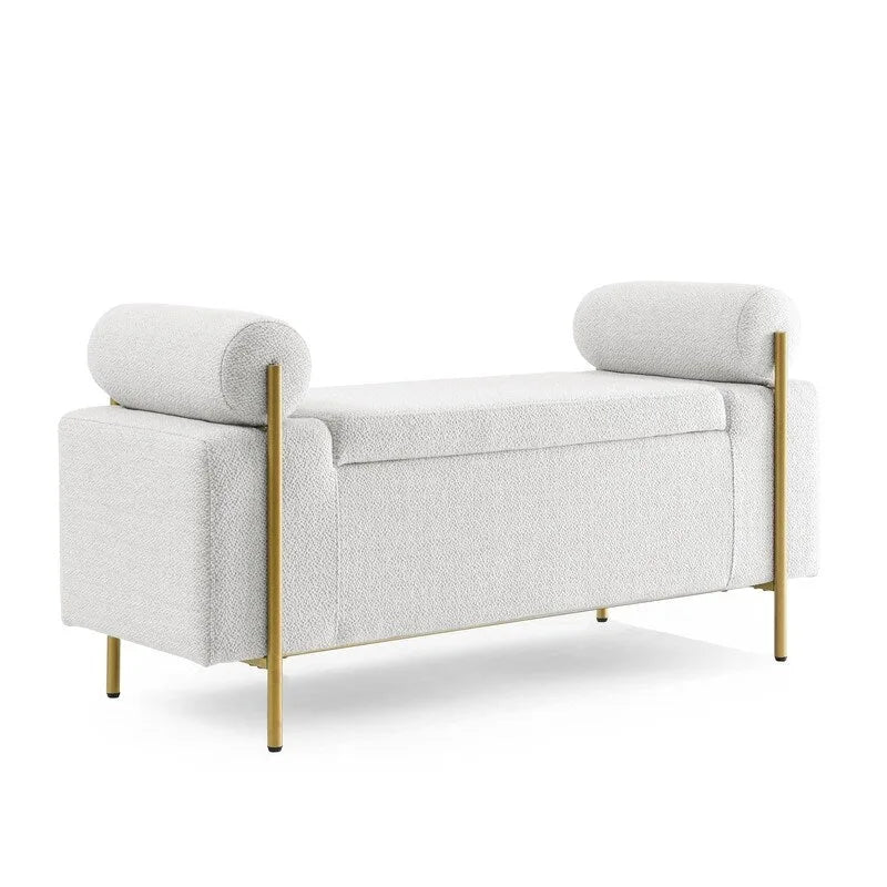 Banc de rangement rembourré avec accoudoirs enroulés et pieds dorés