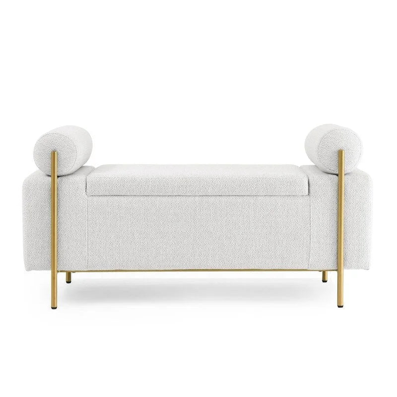 Banc de rangement rembourré avec accoudoirs enroulés et pieds dorés