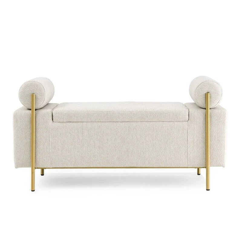 Banc de rangement rembourré avec accoudoirs enroulés et pieds dorés