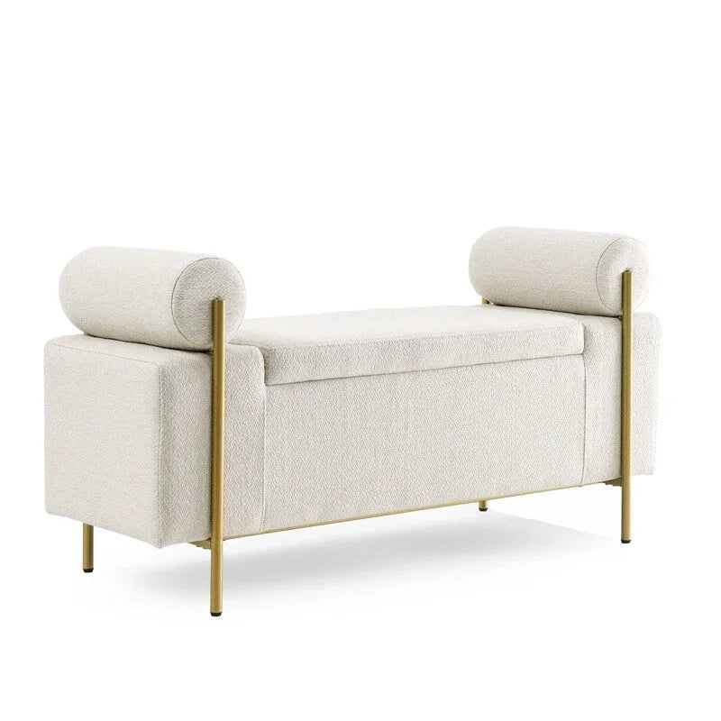 Banc de rangement rembourré avec accoudoirs enroulés et pieds dorés