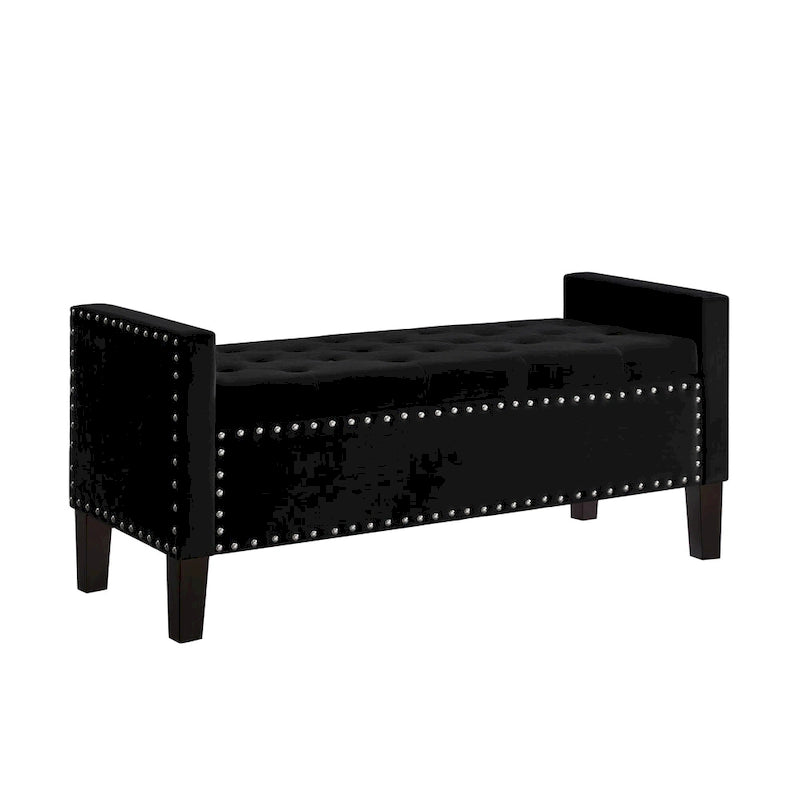 Banc de rangement capitonné en velours avec accoudoirs et garniture cloutée