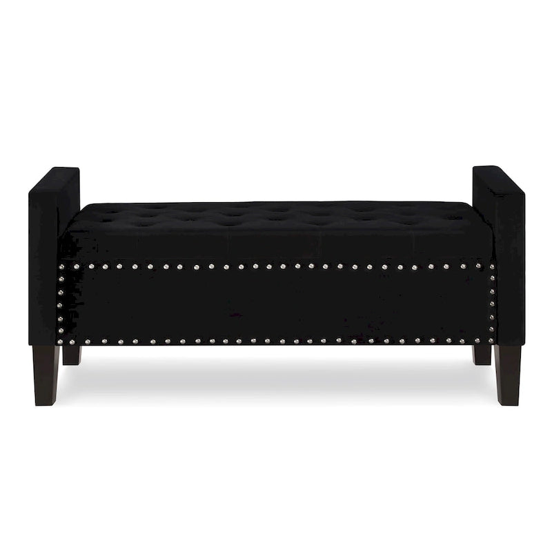 Banc de rangement capitonné en velours avec accoudoirs et garniture cloutée
