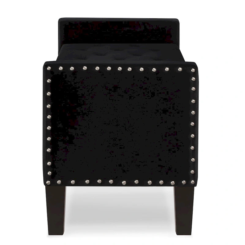 Banc de rangement capitonné en velours avec accoudoirs et garniture cloutée