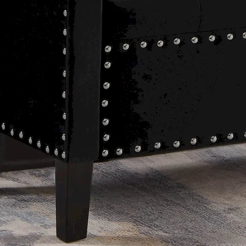 Banc de rangement capitonné en velours avec accoudoirs et garniture cloutée