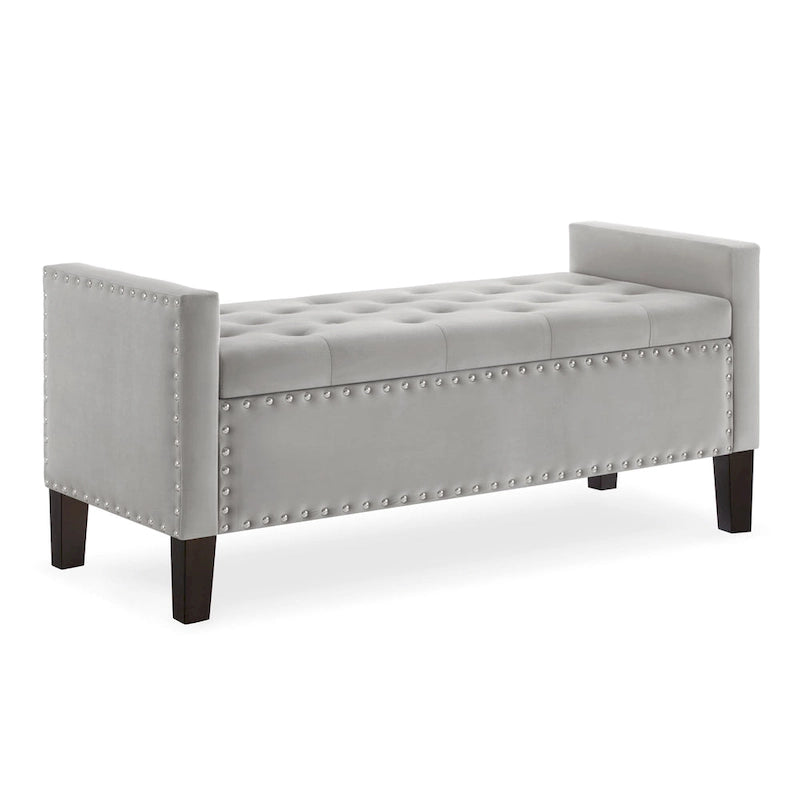Banc de rangement capitonné en velours avec accoudoirs et garniture cloutée
