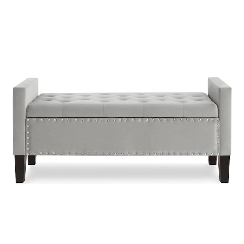 Banc de rangement capitonné en velours avec accoudoirs et garniture cloutée