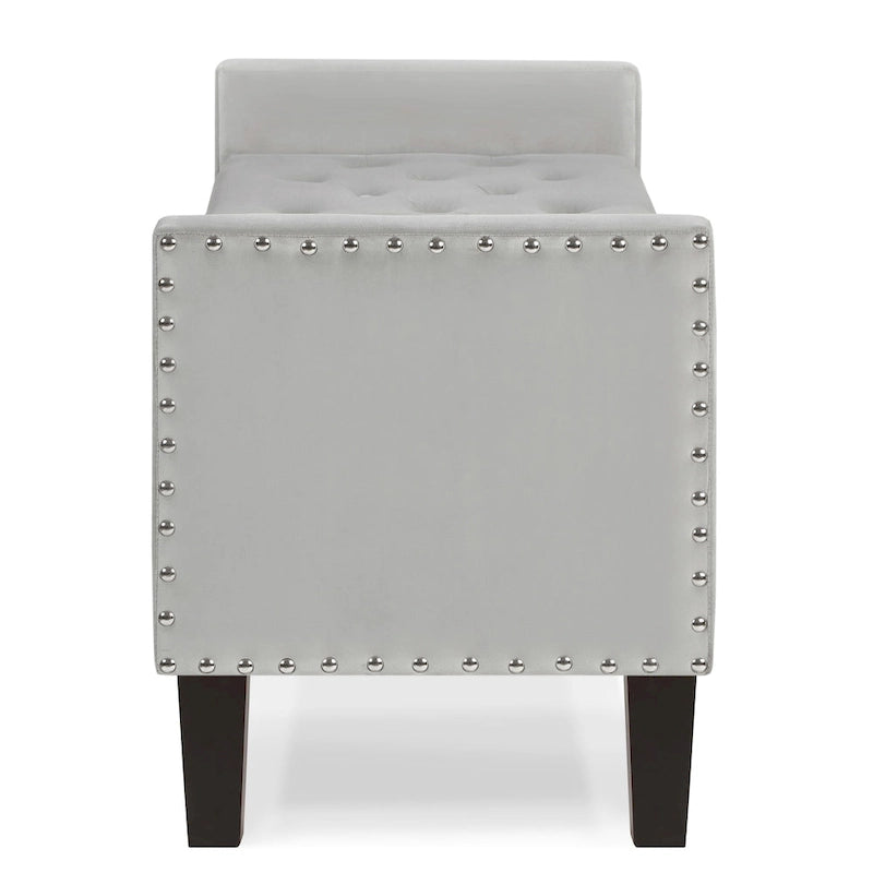 Banc de rangement capitonné en velours avec accoudoirs et garniture cloutée