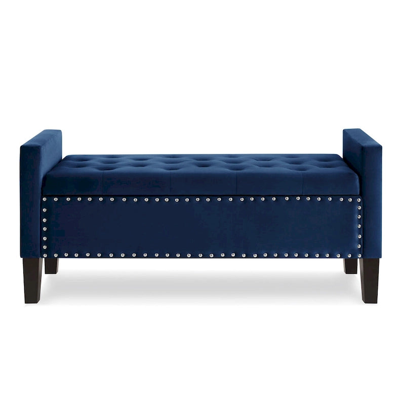 Banc de rangement capitonné en velours avec accoudoirs et garniture cloutée