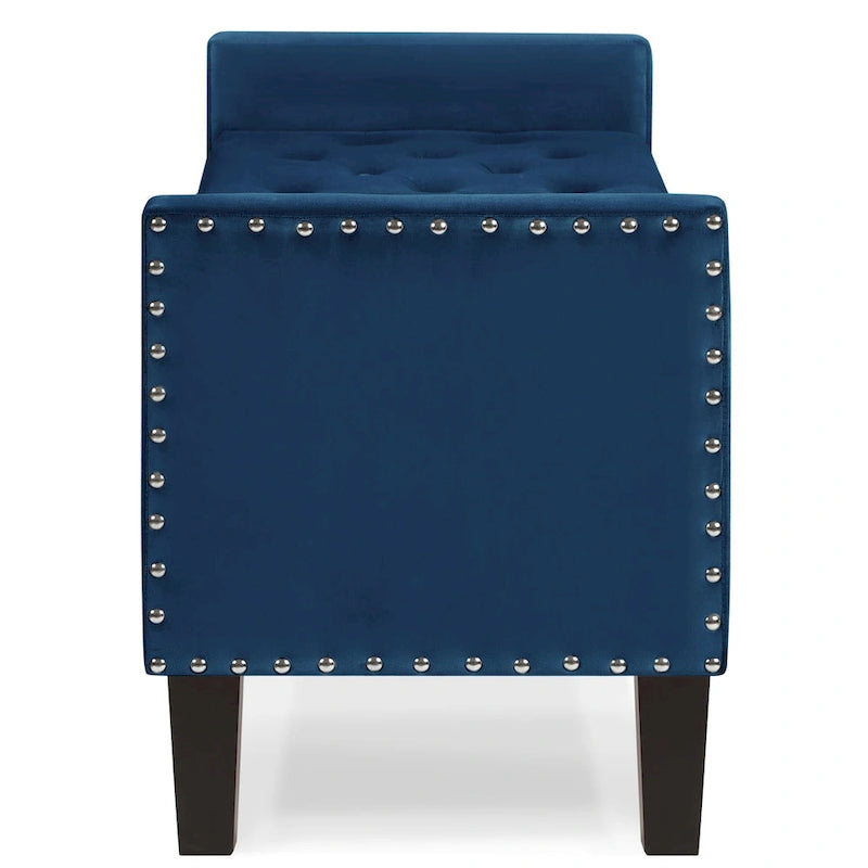 Banc de rangement capitonné en velours avec accoudoirs et garniture cloutée