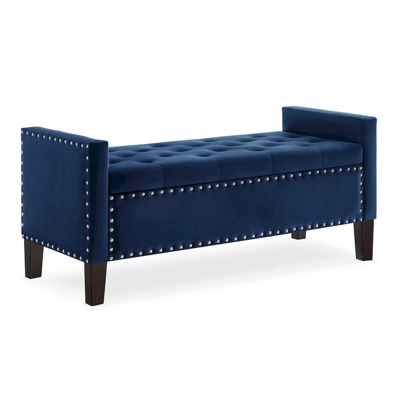 Banc de rangement capitonné en velours avec accoudoirs et garniture cloutée