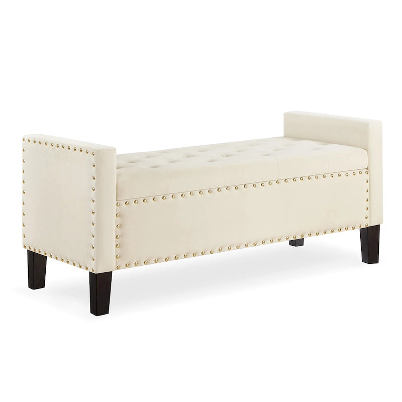 Banc de rangement capitonné en velours avec accoudoirs et garniture cloutée