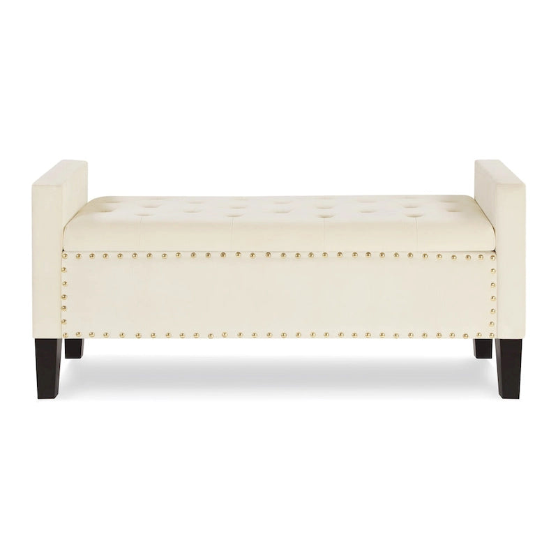 Banc de rangement capitonné en velours avec accoudoirs et garniture cloutée