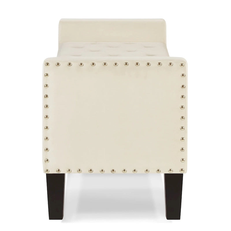 Banc de rangement capitonné en velours avec accoudoirs et garniture cloutée
