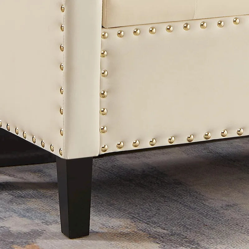 Banc de rangement capitonné en velours avec accoudoirs et garniture cloutée