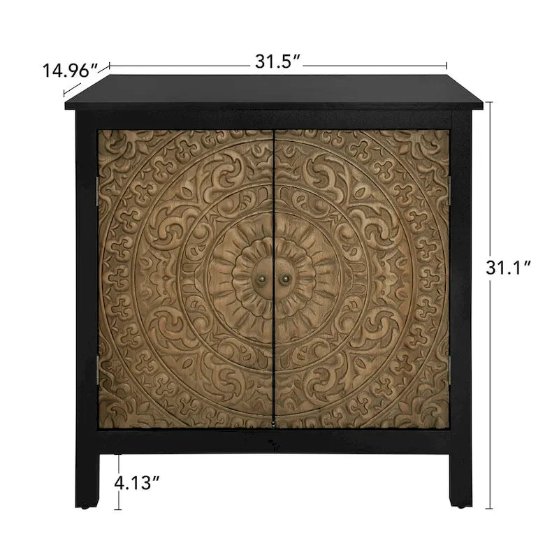 Armoire de rangement noire à deux portes avec portes en bois sculpté