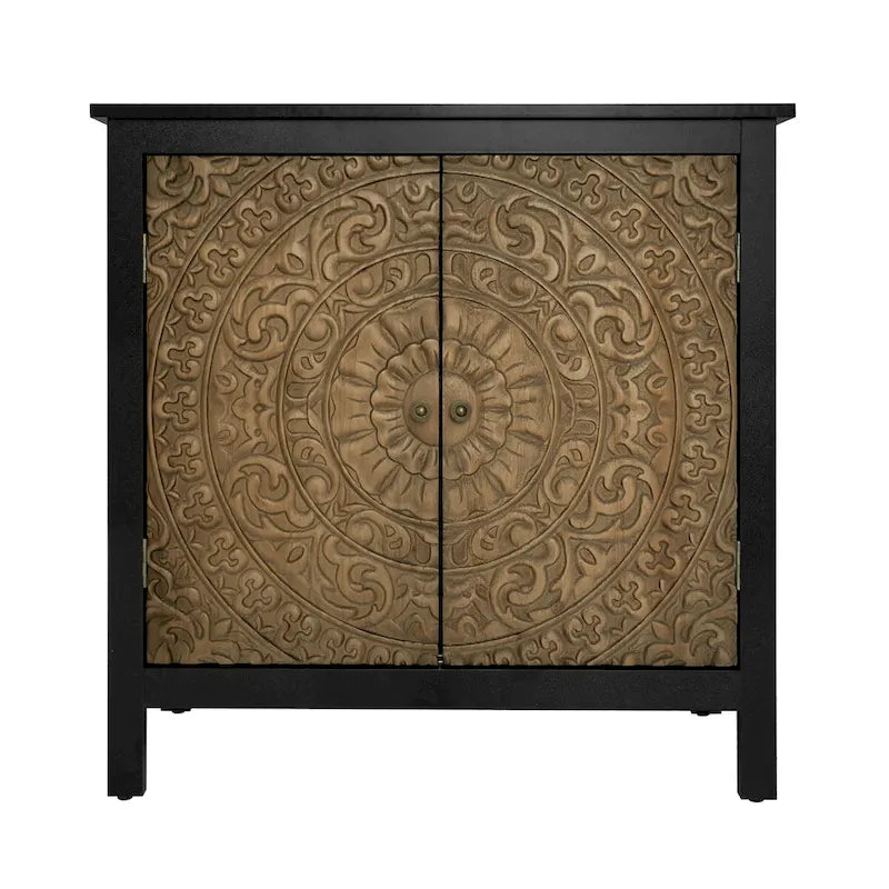 Armoire de rangement noire à deux portes avec portes en bois sculpté