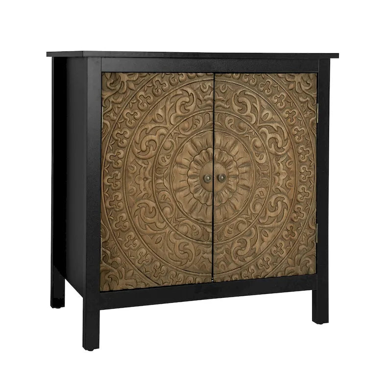 Armoire de rangement noire à deux portes avec portes en bois sculpté