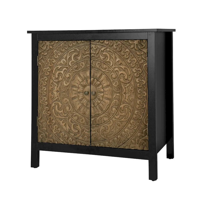 Armoire de rangement noire à deux portes avec portes en bois sculpté