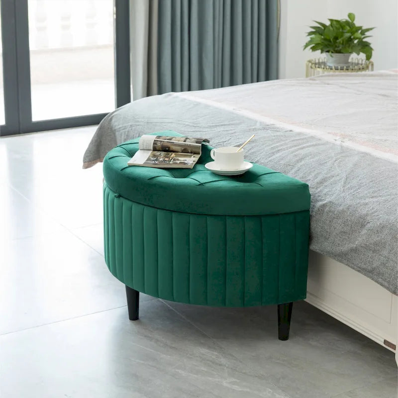 Banc de rangement capitonné demi-lune en velours vert