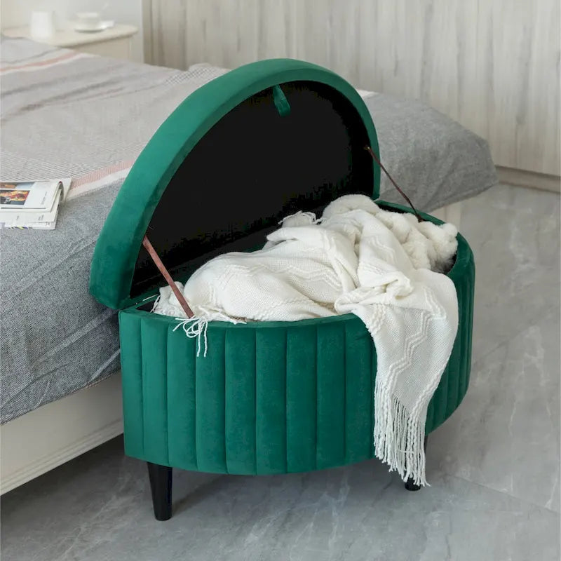 Banc de rangement capitonné demi-lune en velours vert