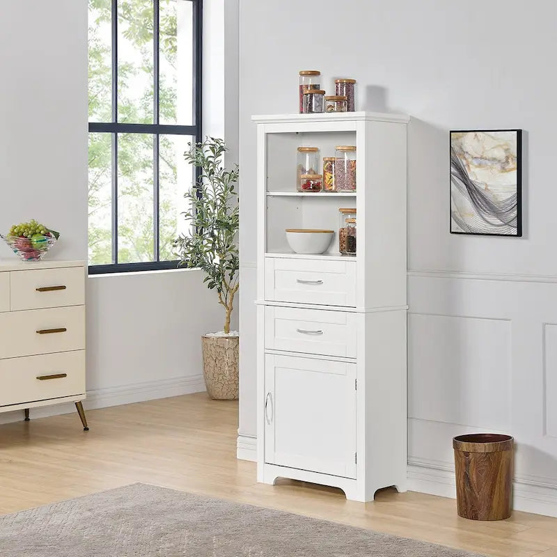 Armoire de rangement haute avec étagère ouverte et tablettes réglables