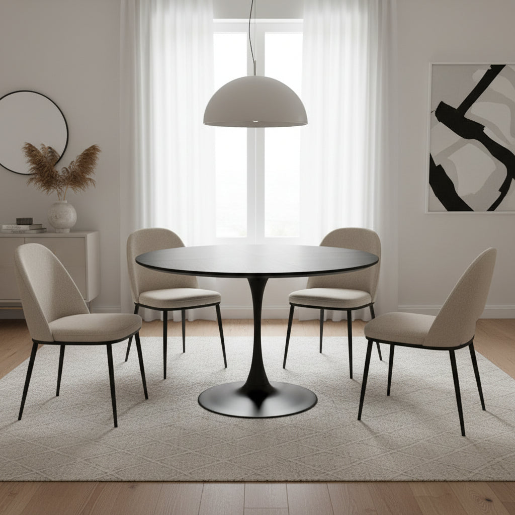 Table à manger ronde moderne, avec piètement en métal