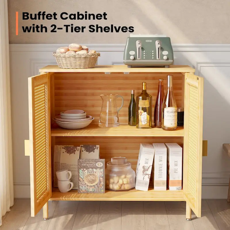 Buffet bas bohème en bambou avec portes en rotin