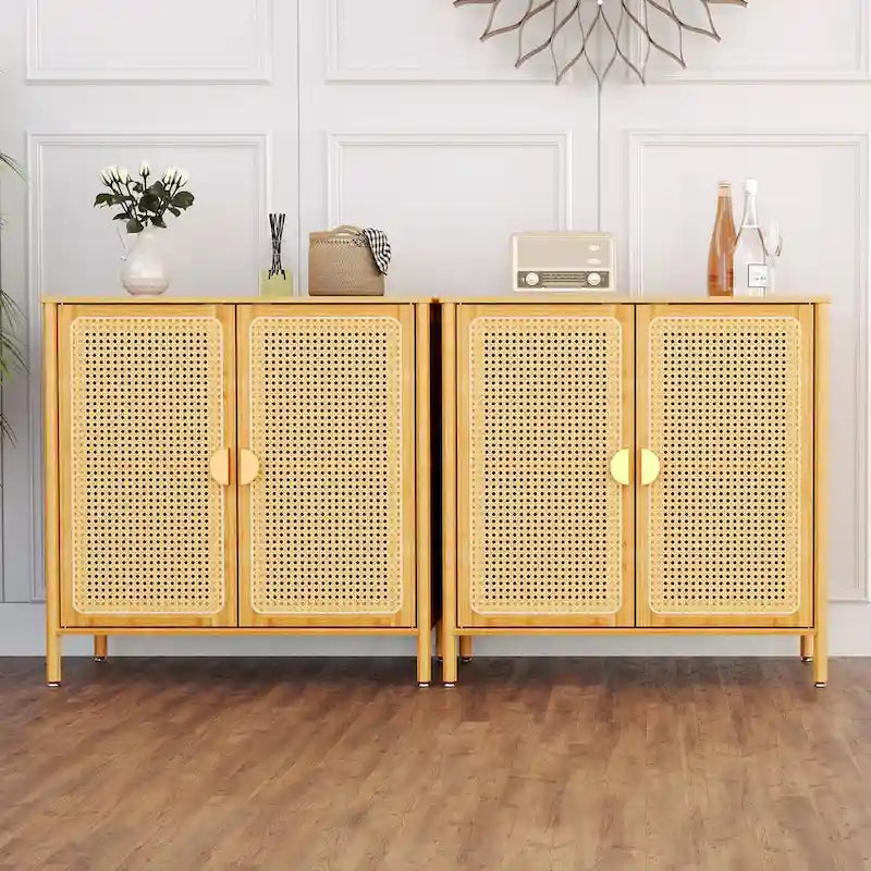 Buffet bas bohème en bambou avec portes en rotin