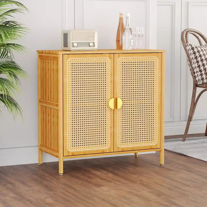 Buffet bas bohème en bambou avec portes en rotin