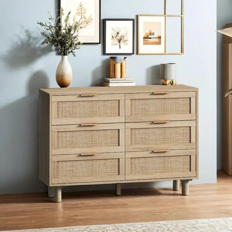 Commode de rangement à 6 tiroirs style rotin